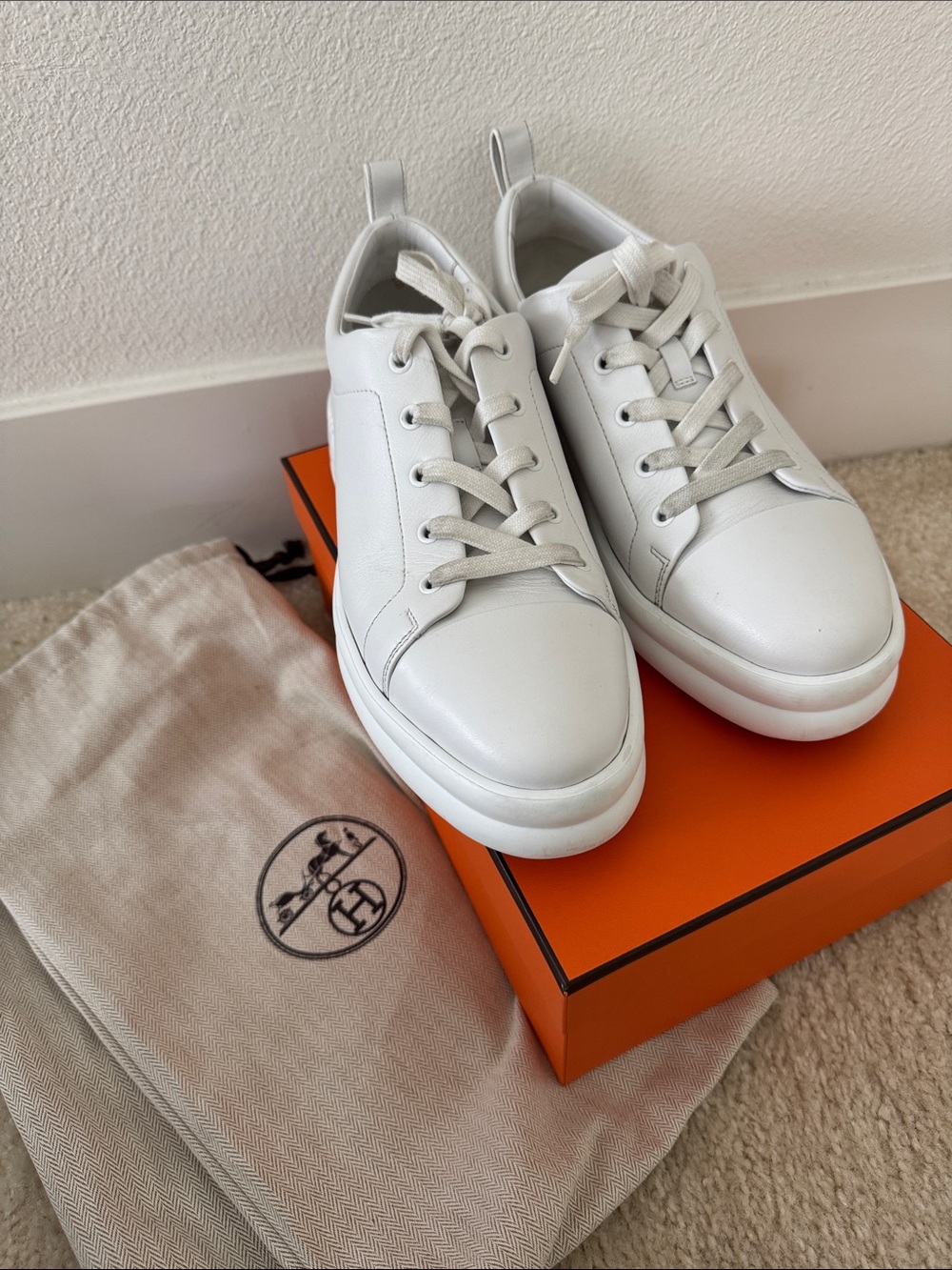 Hermes White Leather Low-Top Sneakers